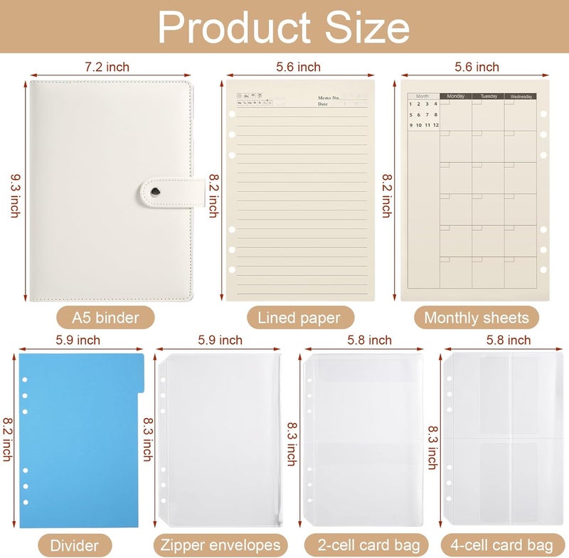 eleger A5 6 Ring Planner Binder - Refillable PU Leather Notebook Organizer with 80 Line Sheets, Monthly Sheets, Plastic Pockets and Dividers, Beige - Image 3